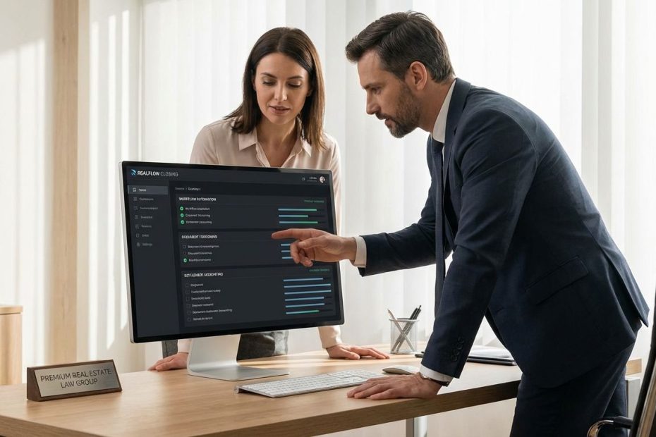 Real estate attorney reviewing closing software features on a laptop with a paralegal, checking documents, deadlines, and settlement accounting.