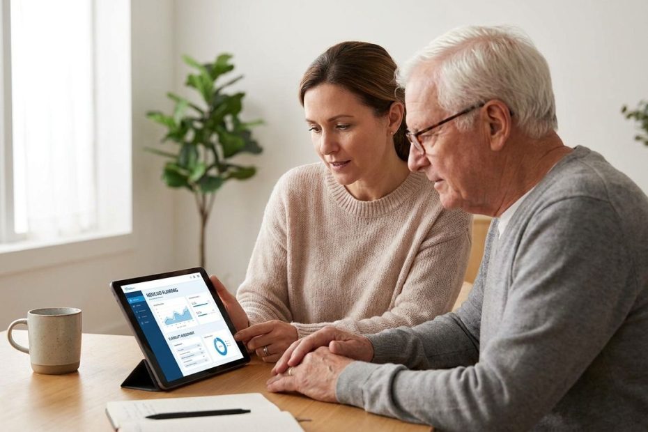 Caregiver and senior reviewing Medicaid planning tools on a laptop